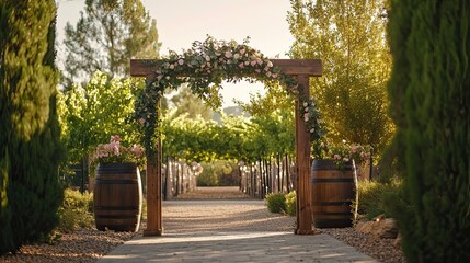 Naklejka premium Elegant Garden Path with Wooden Arch and Floral Vines at a Vineyard