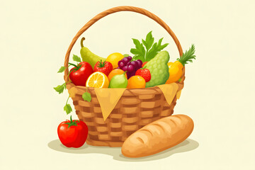 Flat vector illustration of a picnic basket filled with fresh fruits, vegetables, and bread in a bright and cheerful color palette with a simple and clean design