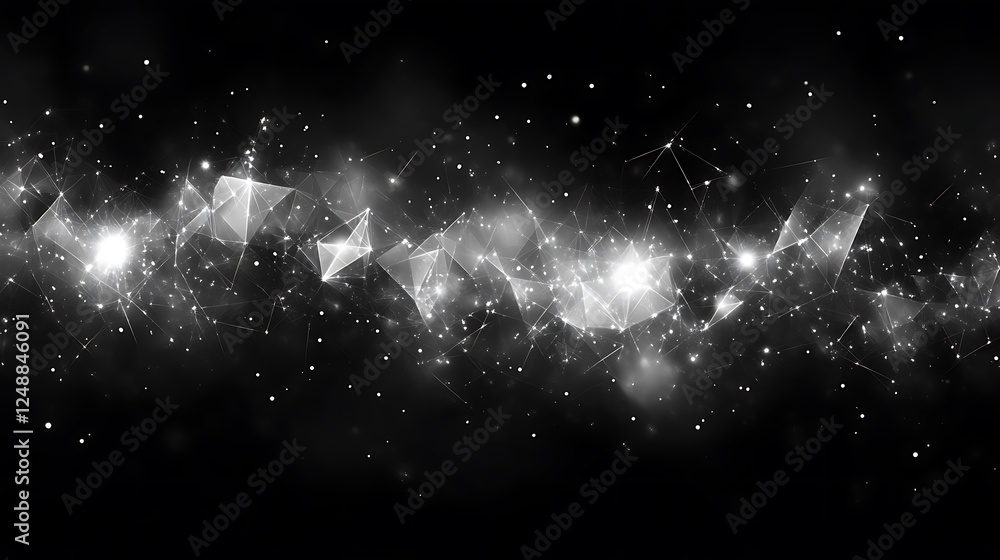Poster abstract black and white background with glowing geometric shapes and connecting lines