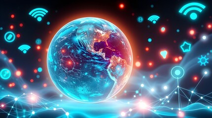 planet earth in space connected with Wi-Fi 