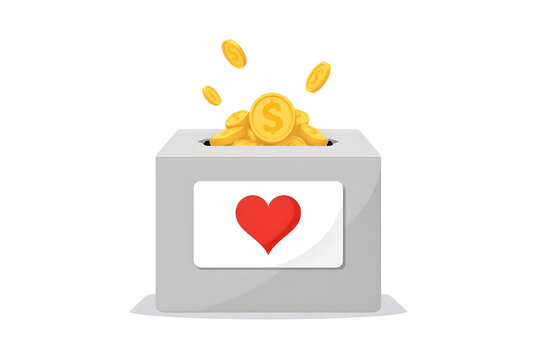 Flat vector illustration of a simple donation box with a white label and red heart symbol, featuring golden coins dropping into the slot in a minimalistic and modern design
