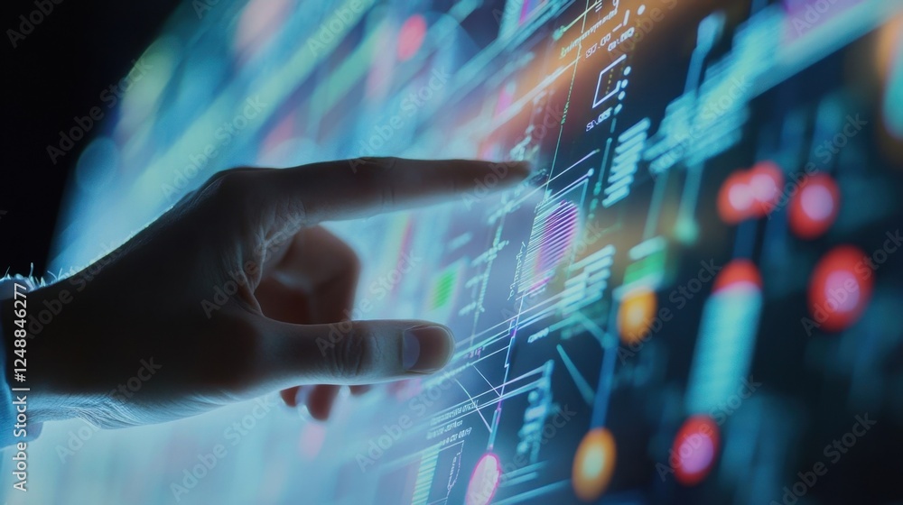 Poster hand interacts with a futuristic digital interface, showcasing complex data visualizations and techn
