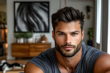 Obraz premium Portrait of a handsome man with expressive eyes, showcasing modern grooming in a contemporary indoor setting, radiating calm confidence
