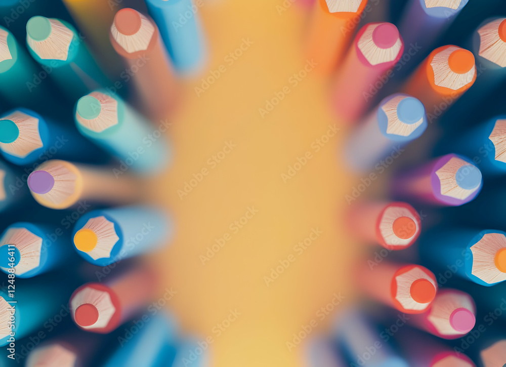 Poster abstract composition using a vibrant array of colored pencils arranged symmetrically on a warm yello