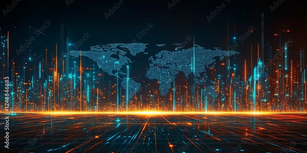 Poster global digital network connection and technology background with futuristic world map