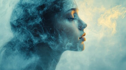 Mystical Enchantment: A woman's profile, partially obscured by swirling, ethereal smoke, evokes a sense of mystery and serenity.  The soft light and cool tones enhance the dreamlike quality. 