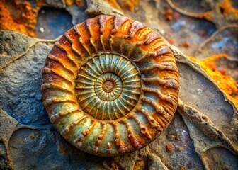 Jurassic or Cretaceous ammonite fossil; extinct cephalopod preserved in rock, a paleontological treasure.