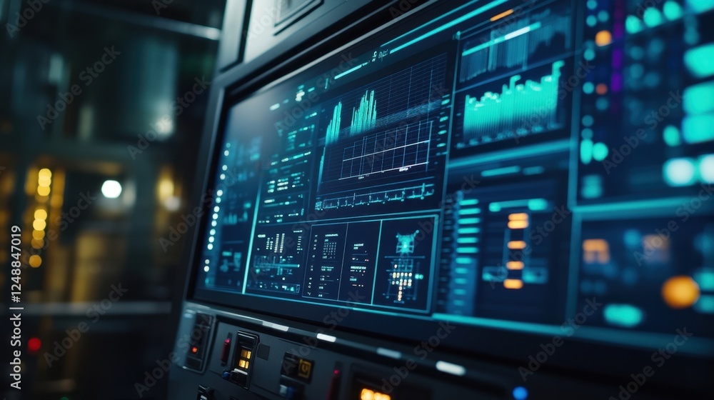 Poster high tech digital screen displaying complex data visualizations and graphs in a futuristic laborator