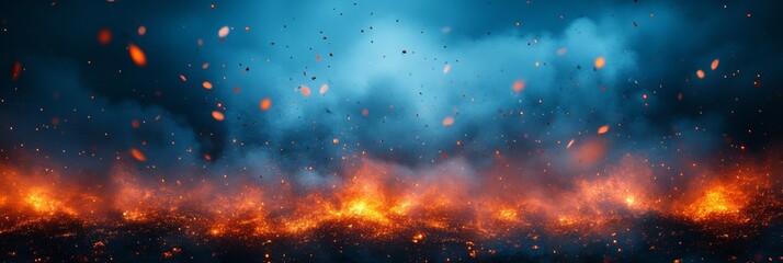 Fiery Apocalypse, a Dramatic Landscape Engulfed in Flames and Rising Embers Against a Stormy Sky