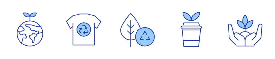 recycling, green earth, coffee cup, plant, clothes. Ecology Icon vector illustration. Line Duotone style. Editable stroke