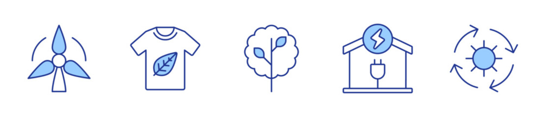 wind energy, tree, tshirt, eco house, solar energy. Ecology Icon vector illustration. Line Duotone style. Editable stroke