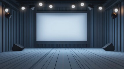 Empty presentation room with projector and screen, muted gray background