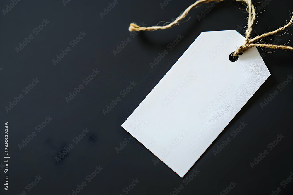 Poster blank white tag with a natural fiber string on sleek black background creating a minimal visual for 