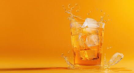 A dynamic splash of a beverage is seen with ice cubes in a glass, set against a bright orange background, highlighting its refreshing qualities