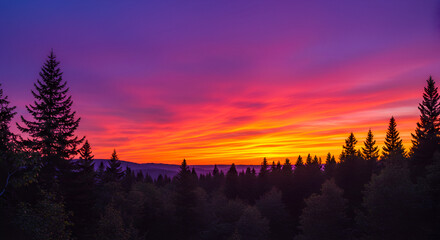 Dramatic Orange and Purple Sky Over Quiet Forest at Dusk