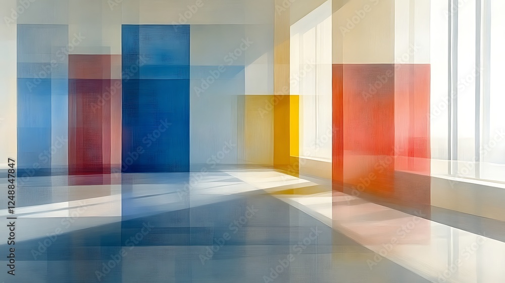 Poster abstract geometric interior with layered color blocks and soft light effects