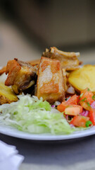 carne de cerdo con arroz y ensalada