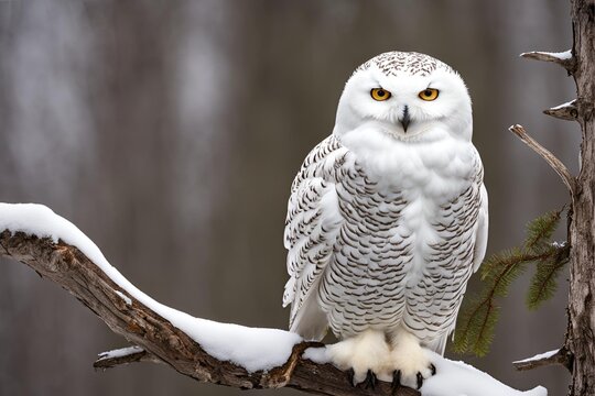 Snowy owl standing on a tree branch