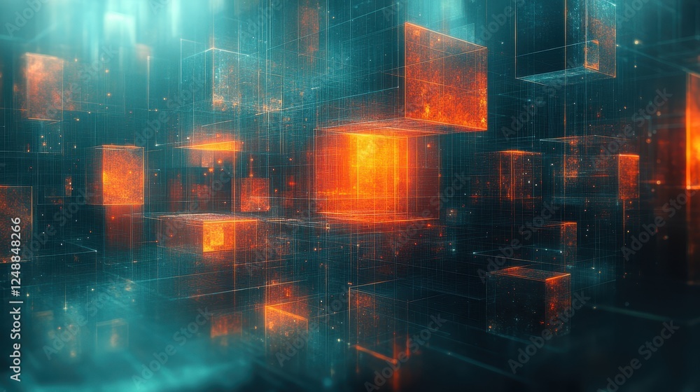 Poster glowing cubes abstract data network
