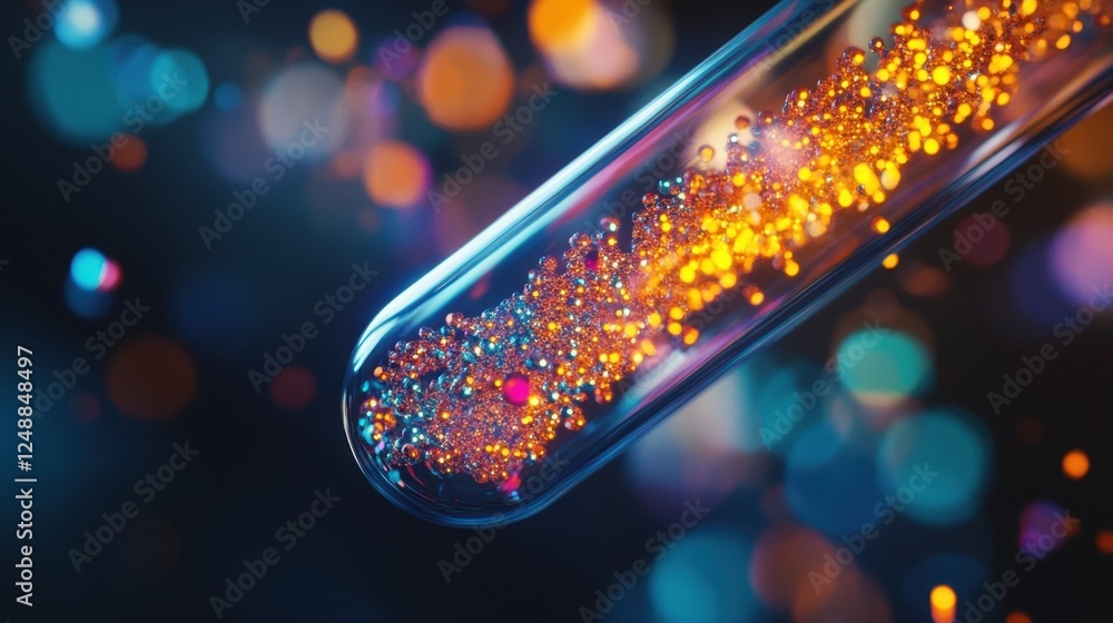 Poster vibrant, glowing particles suspended in a test tube, creating a mesmerizing display of color and lig