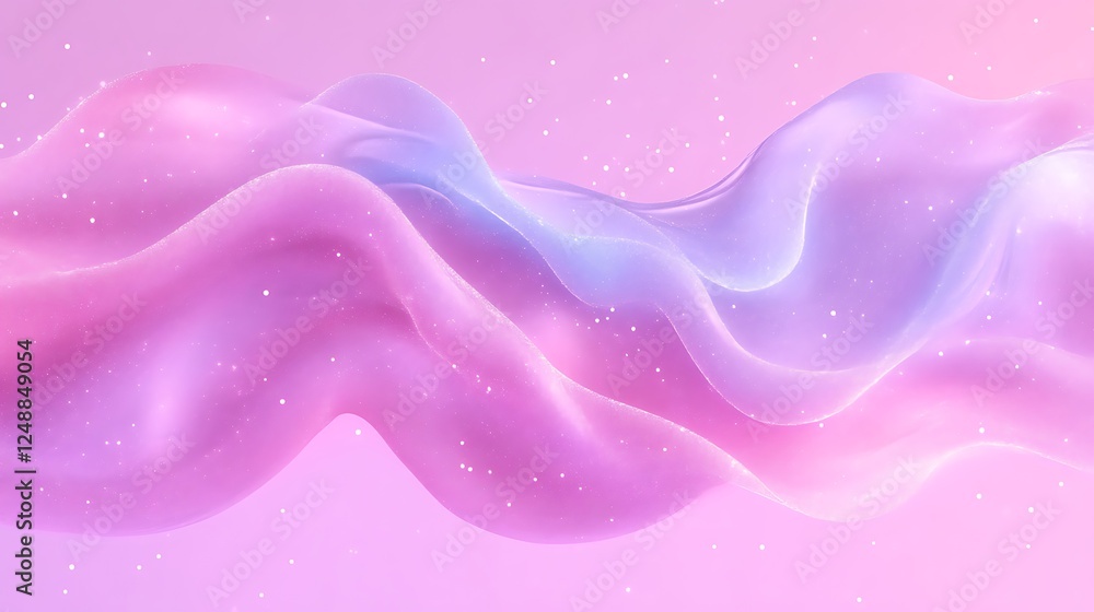 Poster abstract flowing waves with a pink and blue gradient and scattered particles on soft pink background