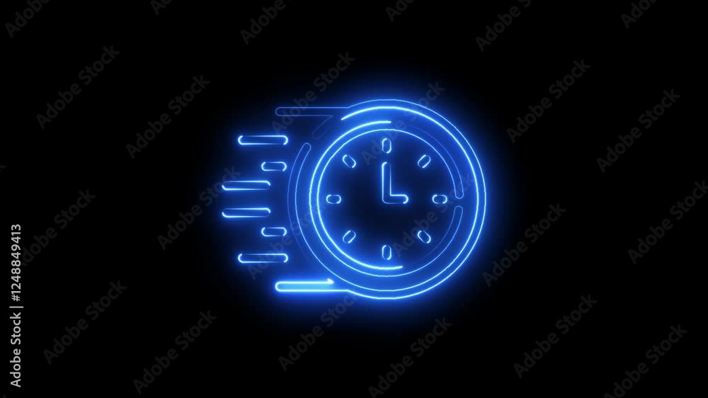 Poster animation of glowing neon fast speed clock icon isolated .