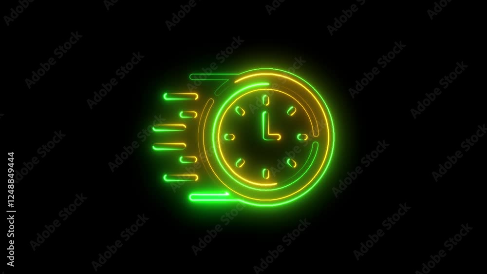Poster animation of glowing neon fast speed clock icon isolated .