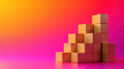 Fototapeta premium Stacked wooden blocks forming an ascending staircase on a vibrant gradient backdrop, representing business growth strategy