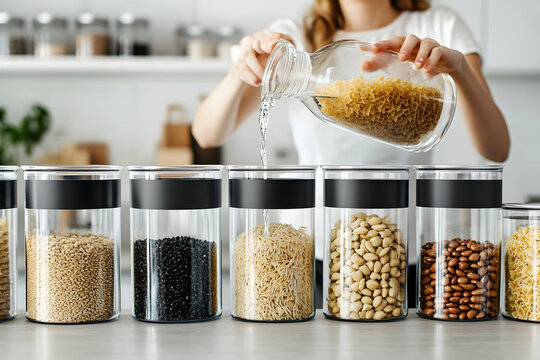Pantry perfection, A woman decanting dry goods into sleek, minimalist containers for organized food storage in a modern kitchen space