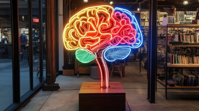 Vibrant neon brain with interconnected pathways, symbolizing idea flow and brainstorming