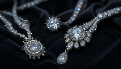 Elegant diamond jewelry set featuring intricate designs displayed on plush velvet fabric
