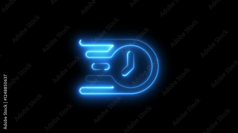 Poster animation of glowing neon fast speed clock icon isolated .