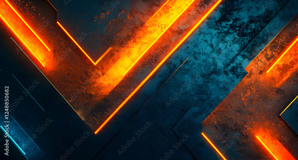 Poster abstract composition featuring dynamic interplay of textures and illuminated lines evoking a sense o