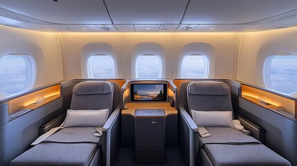 Fototapeta premium Luxurious airplane cabin with comfortable seats, individual screens, and stunning views through windows