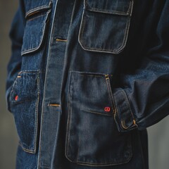 Man in denim jacket with red button wearing streetwear poses for realistic photography in urban setting
