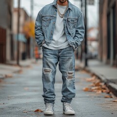 Man in denim jacket and jeans standing on street with copy space for streetwear photography