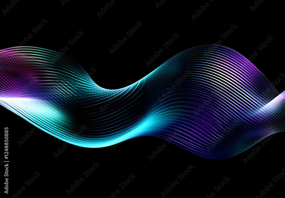 Poster Iridescent wave form against stark black background creating a futuristic and ethereal digital visual with gradient coloring and smooth lines