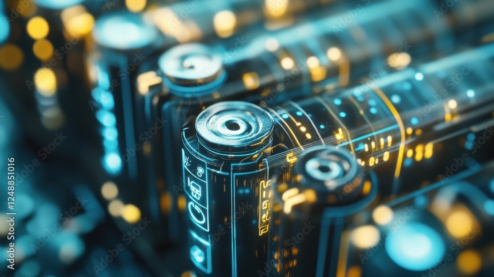 Poster detailed view of advanced battery cells showcasing futuristic technology. illuminated circuits and m