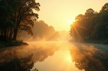 Tranquil River at Sunrise over the forest. towering trees reflecting in the calm water. International Day of Rivers. Flowing Waters & Natural Beauty. Generated AI