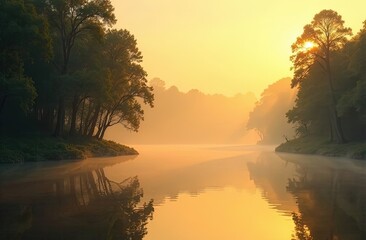 Tranquil River at Sunrise over the forest. towering trees reflecting in the calm water. International Day of Rivers. Flowing Waters & Natural Beauty. Generated AI