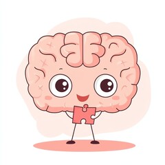 Fototapeta premium A cute cartoon brain character holding a puzzle piece, representing intelligence, creativity, and problem-solving.