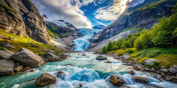 Raw, candid shots capture Briksdalsbreen's glacial meltwater cascading, a Norwegian waterfall's untamed beauty.