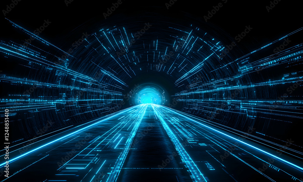 Poster cybernetic corridor, a hypnotic journey through digital realms of glowing light and complex data str