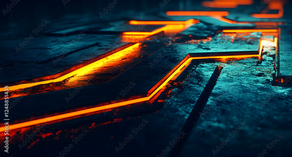 Poster abstract technological background with glowing orange lines on a dark textured surface suggesting fu
