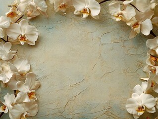 An elegant floral frame with delicate white orchids arranged on a textured pastel background. The soft and luxurious aesthetic makes it ideal for wedding invitations, branding, and greeting cards.