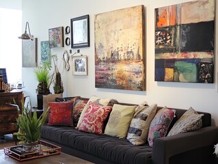 Eclectic Living Room with Art and Textural Pillows on a Plush Sofa