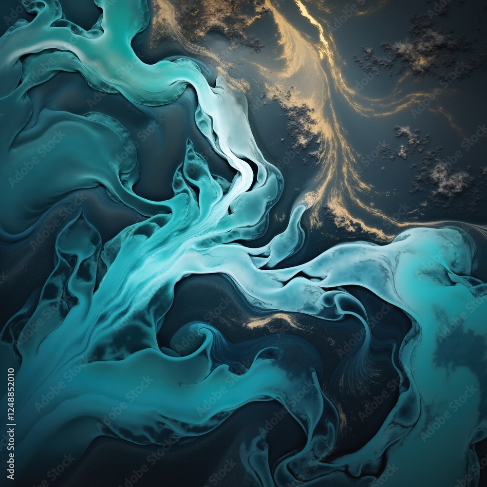 Poster swirling patterns of turquoise and gold flow across a dark background, creating a fluid abstract art