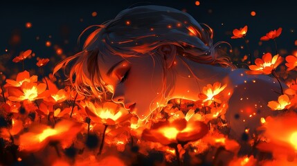 Woman sleeping in glowing flowers at night; fantasy art