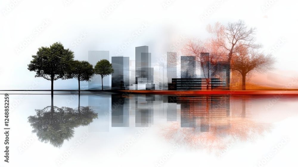 Aufkleber modern abstract skyline blending architecture with nature and reflection in a contemporary design