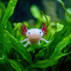 Axolotl peeking out from underwater plants in a serene freshwater habitat